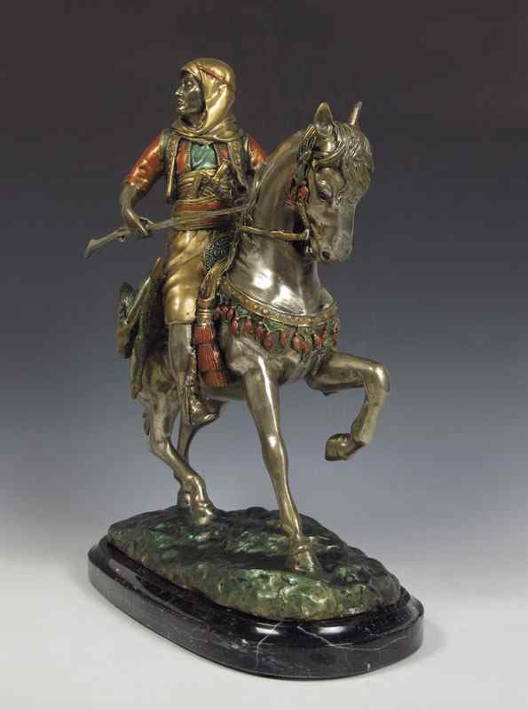 Appraisal: ORIENTALIST BRONZE SOLDIER ON HORSE Polychrome finish orientalist soldier holding