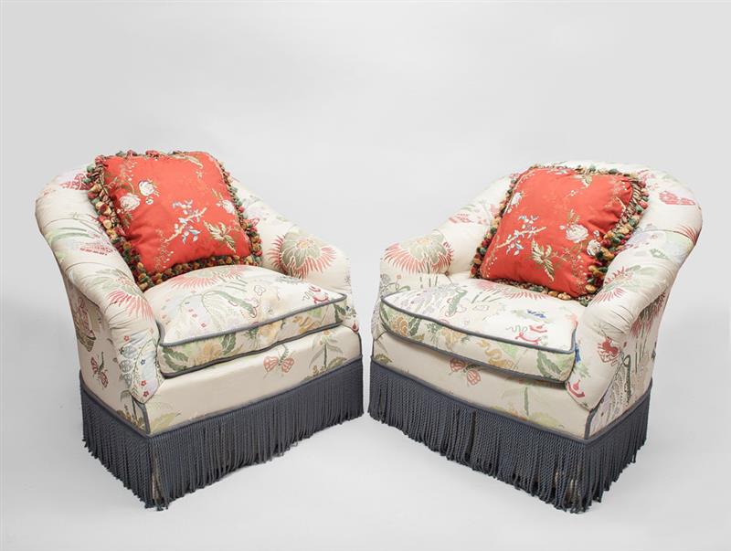 Appraisal: Pair of Chinoiserie Upholstered Tub Chairs Each with silk tasseled