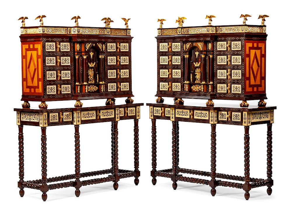 Appraisal: A Pair of Spanish Renaissance Style Varguenos on Stands A