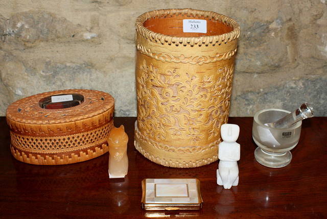 Appraisal: A COLLECTION TO INCLUDE a Russian leather cylindrical basket another