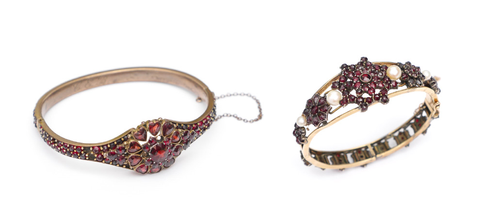 Appraisal: LOT OF GARNET BANGLE BRACELETS K yellow gold garnet and