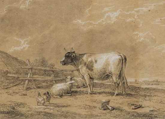 Appraisal: Eugene Verboeckhoven - A cow and sheep with chickens in