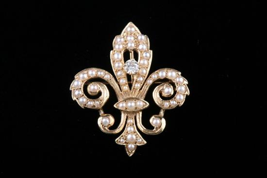 Appraisal: K YELLOW GOLD DIAMOND AND SEED PEARL FLEUR-DE-LIS DESIGN PIN