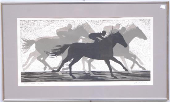 Appraisal: WOOD CUT PRINT HORSE RACE John Ardouvel signed lower right