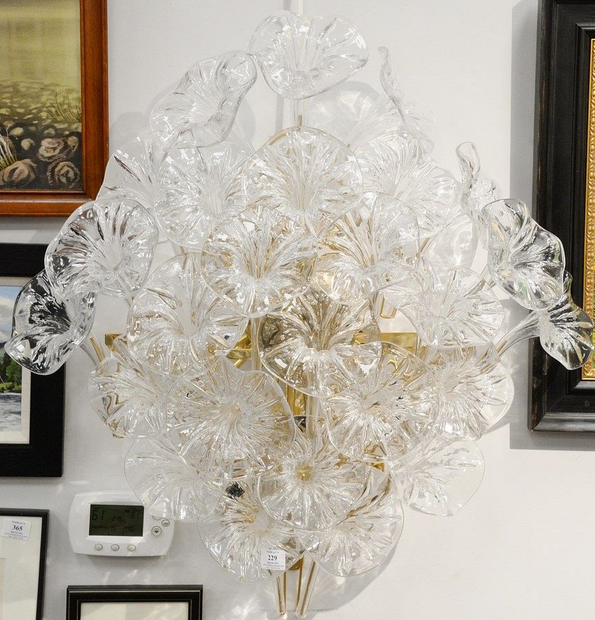 Appraisal: Twelve light brass and glass sconce having piece glass tulip