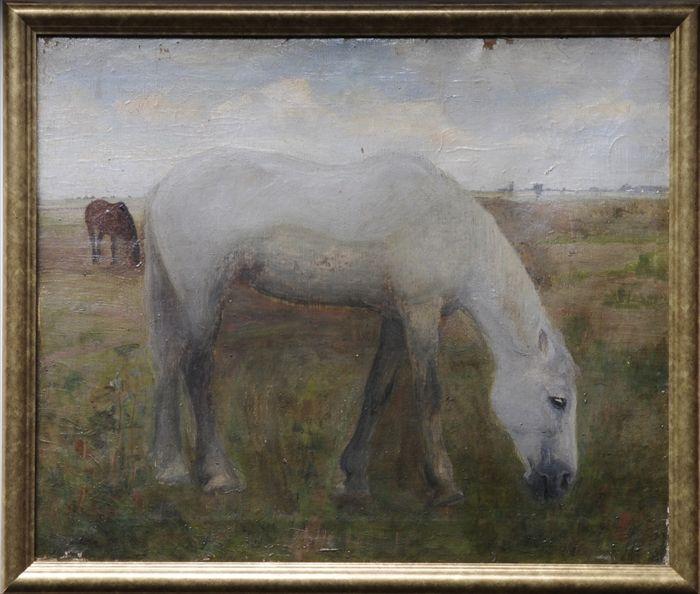 Appraisal: AMERICAN SCHOOL GRAZING HORSES Oil on canvas x in