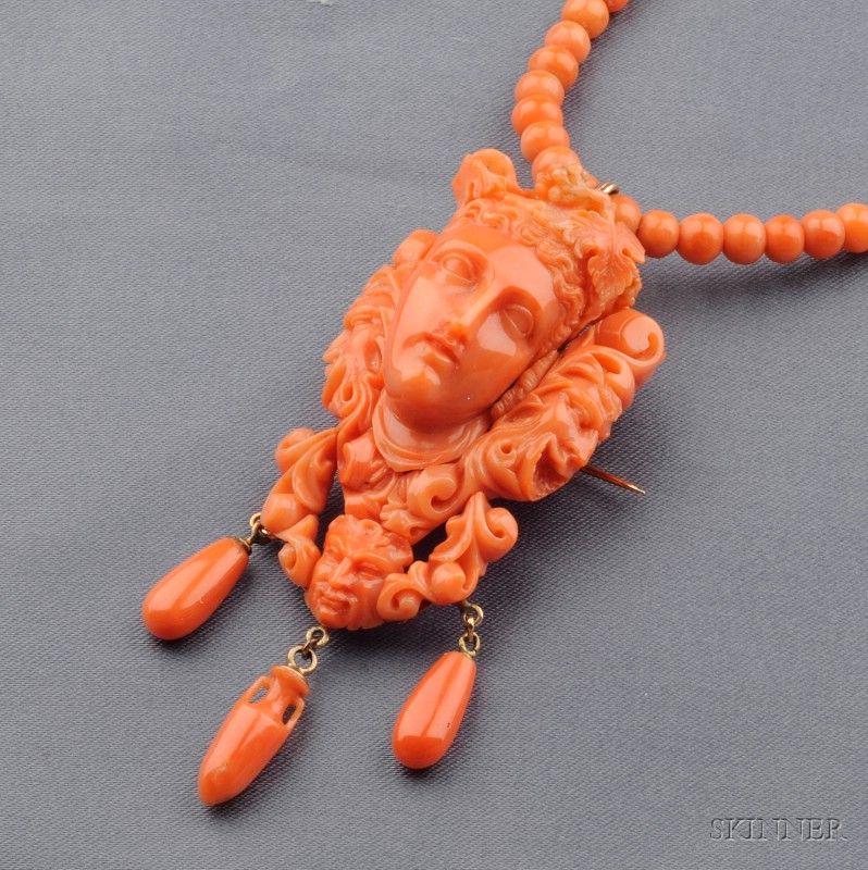 Appraisal: Antique Coral Cameo Pendant Necklace carved as a classical maiden