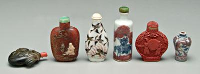 Appraisal: Six Chinese porcelain snuff bottles one cinnabar with Chinese boys