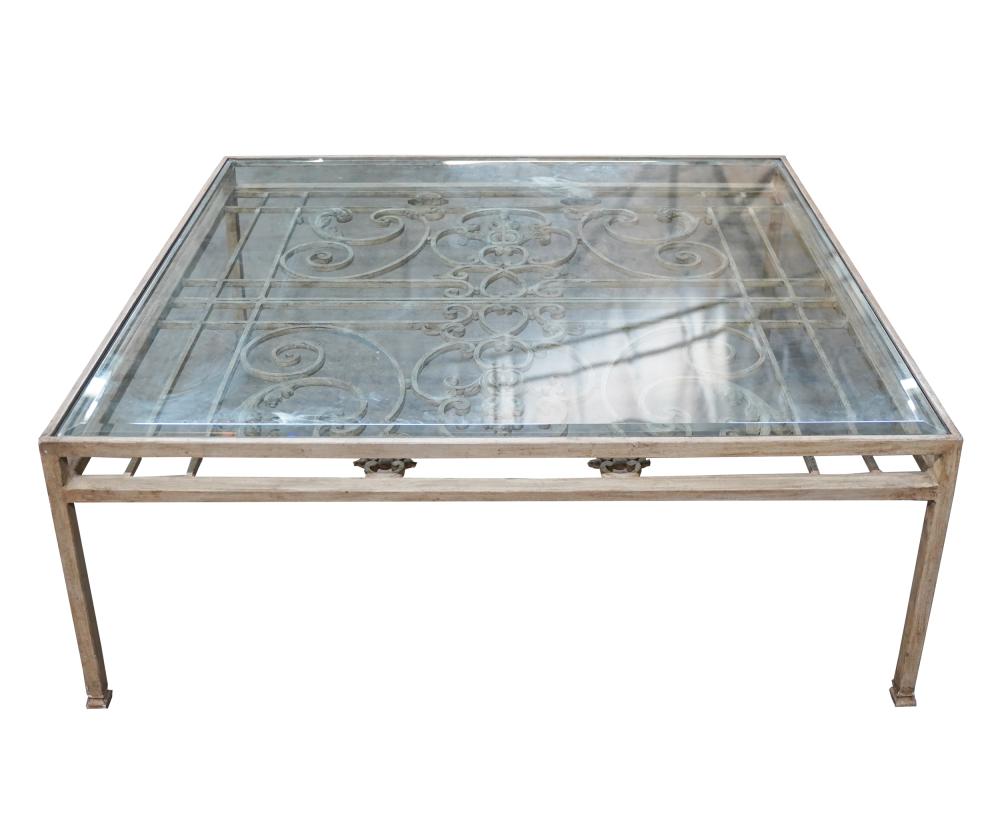 Appraisal: IRON GLASS COFFEE TABLEpainted iron base with an inset removable