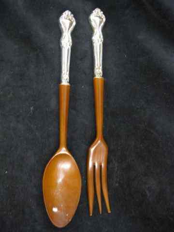 Appraisal: Sterling Silver Handled Salad Serving Set wood ends