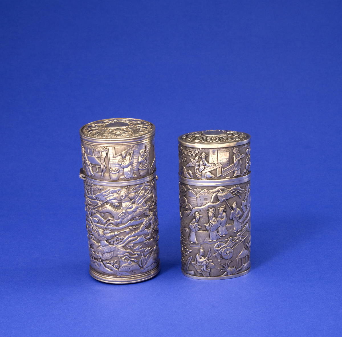 Appraisal: TWO CHINESE EXPORT SILVER OVAL CHEROOT CASES MID-NINETEENTH CENTURY The