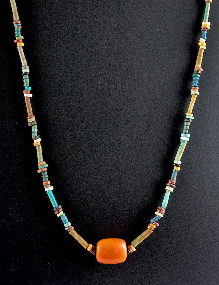 Appraisal: Egyptian Faience Bead Necklace w Carnelian Pendant Ancient Egypt Third