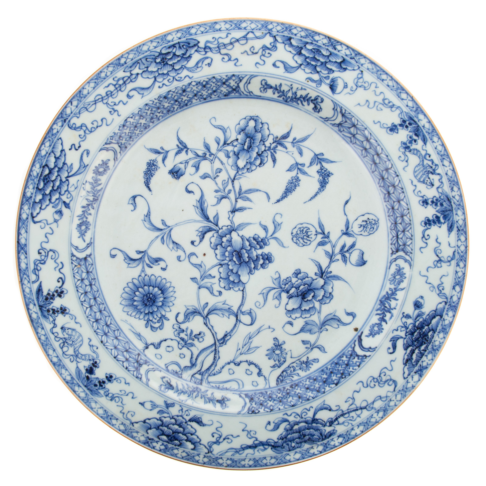 Appraisal: CHINESE EXPORT BLUE WHITE CHARGER Circa floral decoration with cross