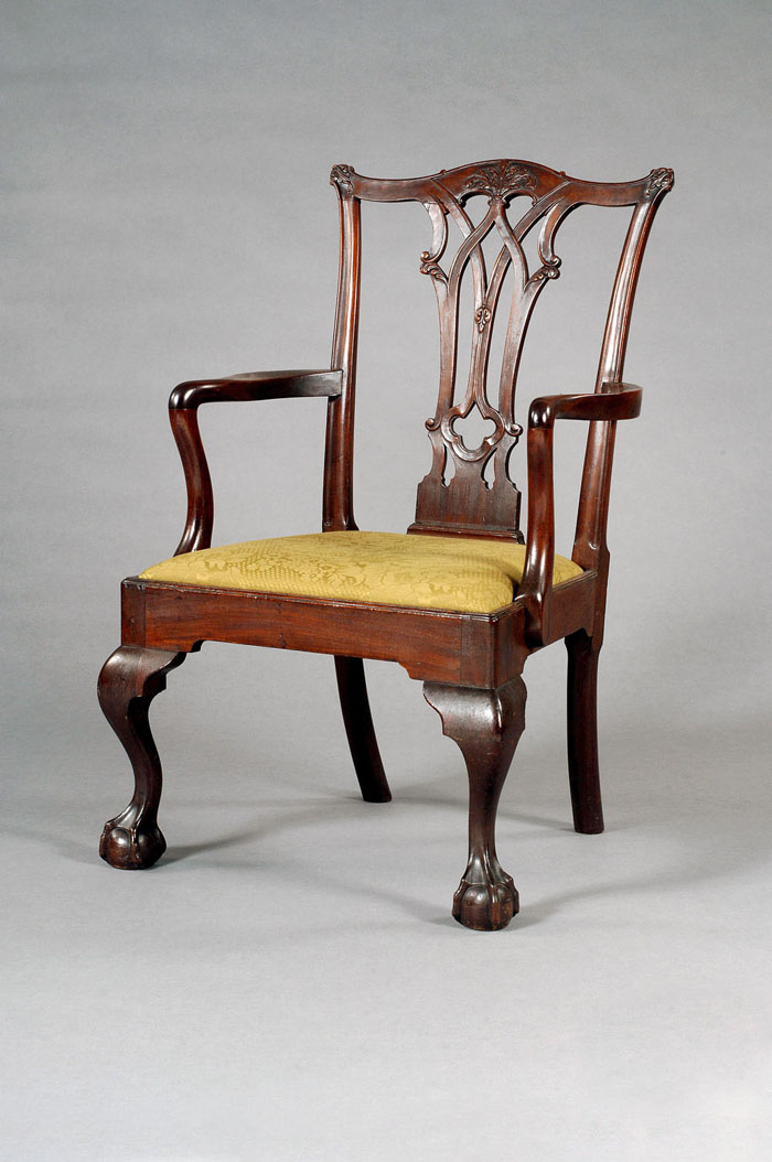 Appraisal: PHILADELPHIA CHIPPENDALE CARVED MAHOGANY ARMCHAIR The serpentine molded crest rail