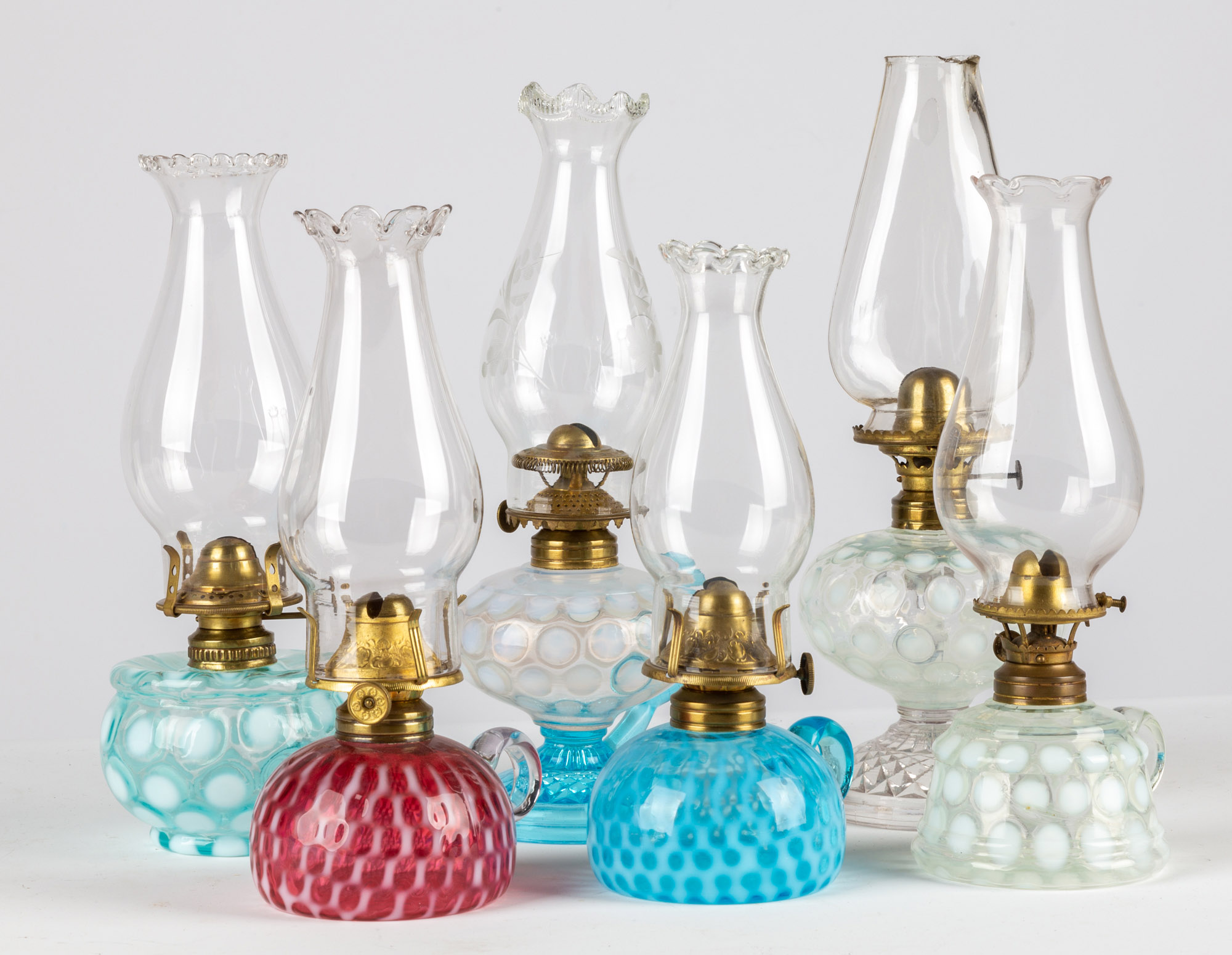 Appraisal: OPALESCENT COIN SPOT FINGER OIL LAMPS circa