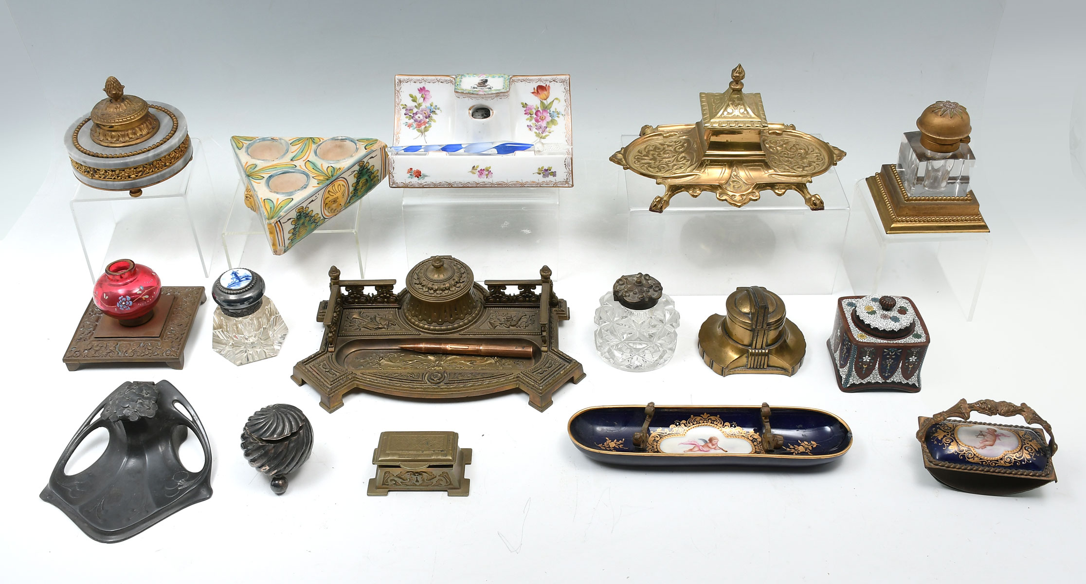 Appraisal: PC INKWELL DESK SET COLLECTION Comprising - Brass inkwell with