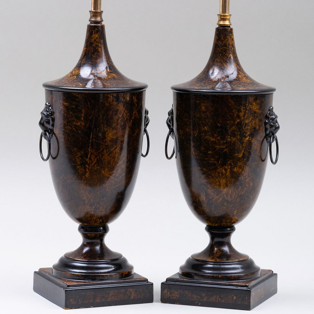 Appraisal: Pair of English Faux Tortoiseshell Painted T le Lamps x