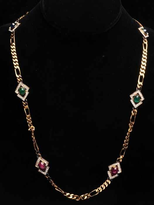 Appraisal: SAPPHIRE RUBY EMERALD AND DIAMOND GOLD CHAIN Stamped k approx