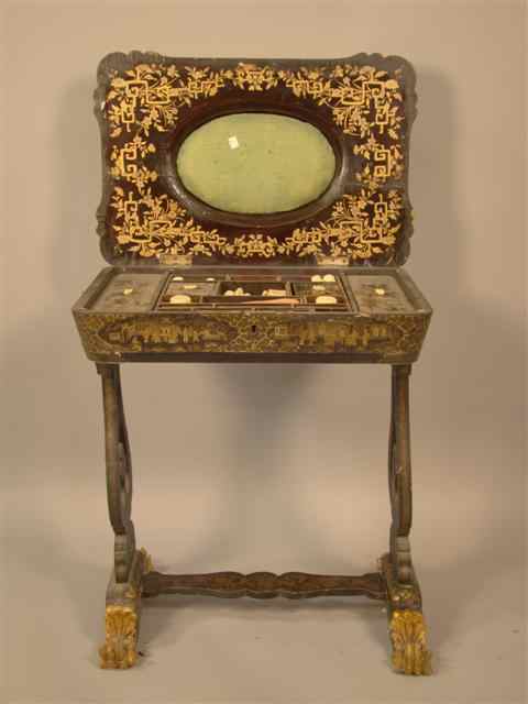 Appraisal: CHINESE EXPORT BLACK LACQUER PARCEL GILT SEWING TABLE WITH IVORY