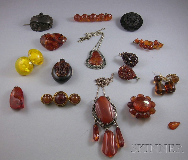 Appraisal: Group of Amber and Wood Jewelry including two carved wood