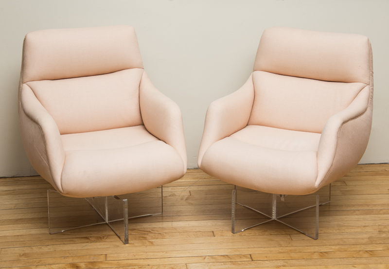 Appraisal: VLADIMIR KAGAN PAIR OF SWIVEL ARMCHAIRS Linen and lucite x