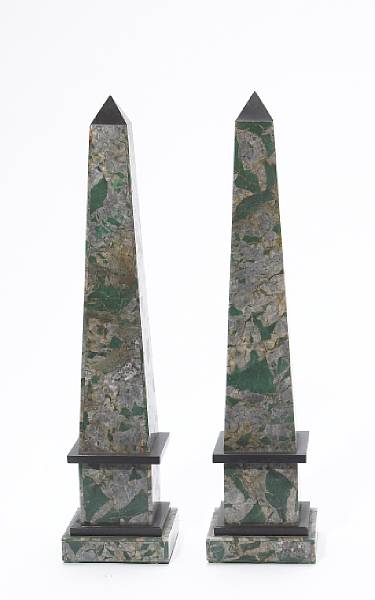 Appraisal: A pair of variegated green and gray marble obelisks modern