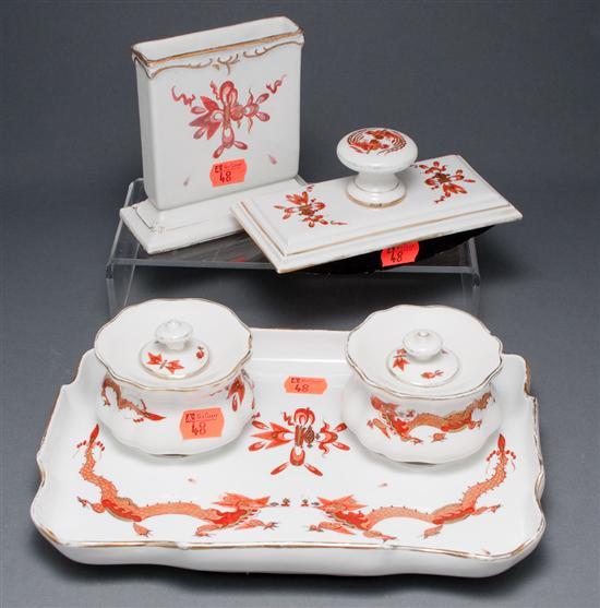 Appraisal: Meissen chinoiserie decorated porcelain five-piece desk set comprising pen tray