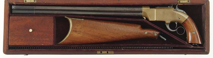 Appraisal: EXTREMELY RARE CASED STOCKED VOLCANIC PISTOL Cal RF SN Usual