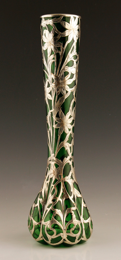 Appraisal: - Alvin Silver Overlay Vase Alvin hand blown green vase