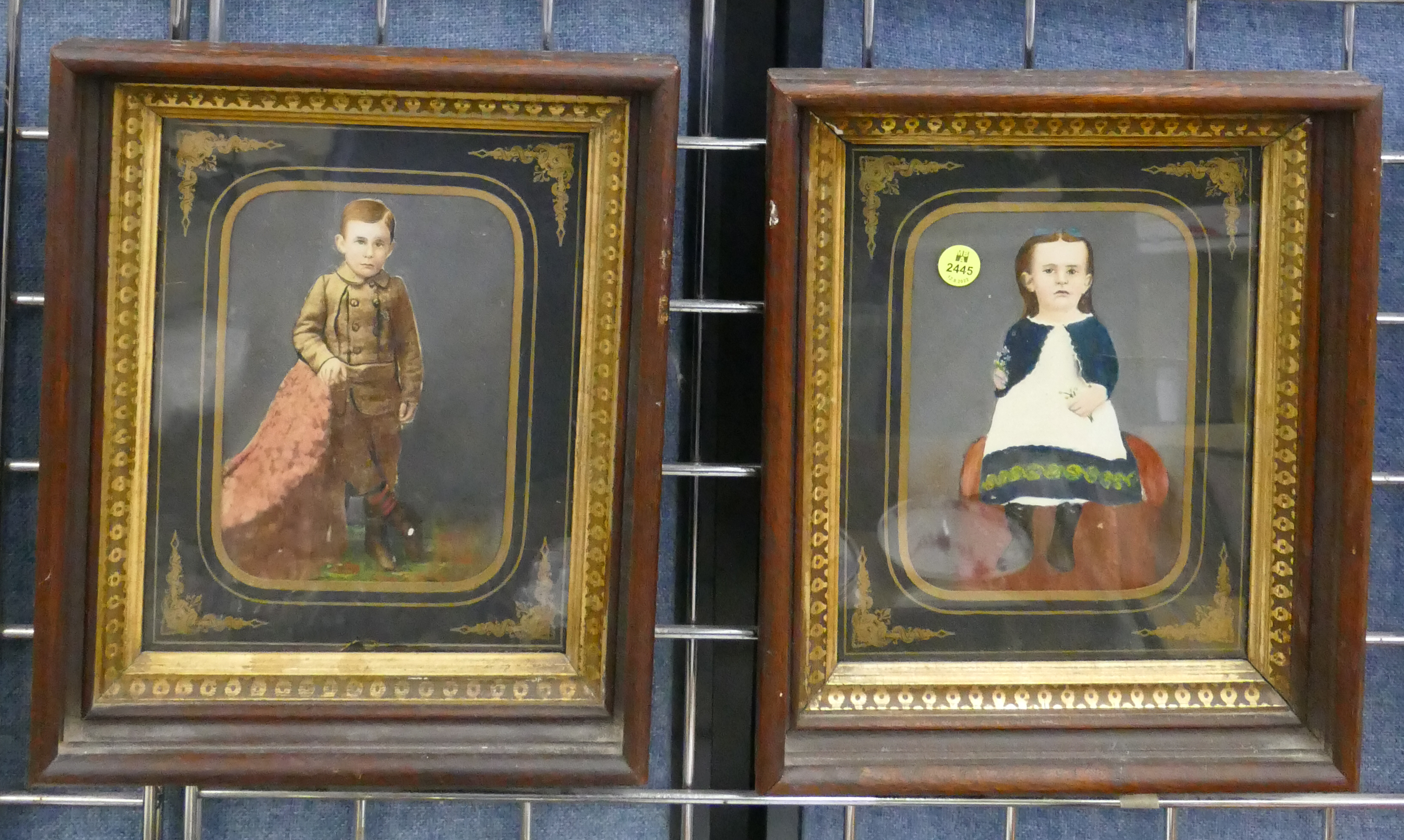 Appraisal: Pair Antique Painted Child Photos Framed- x ''