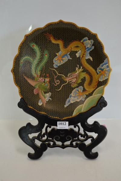 Appraisal: A SCALLOP EDGED CLOISONNE PLATE ON PIERCED STAND DRAGON AND