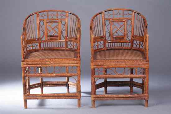 Appraisal: PAIR ENGLISH REGENCY STYLE BAMBOO ARM CHAIRS Open-work back above