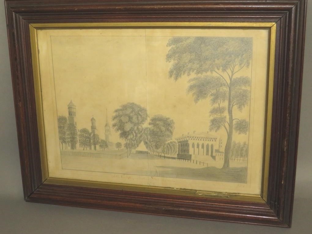 Appraisal: FRAMED PENCIL CHARCOAL DRAWING OF YALE COLLEGEca dated artist rendition