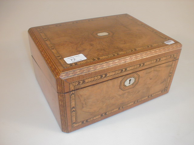 Appraisal: A Victorian burr walnut writing box with Tunbridge banding no