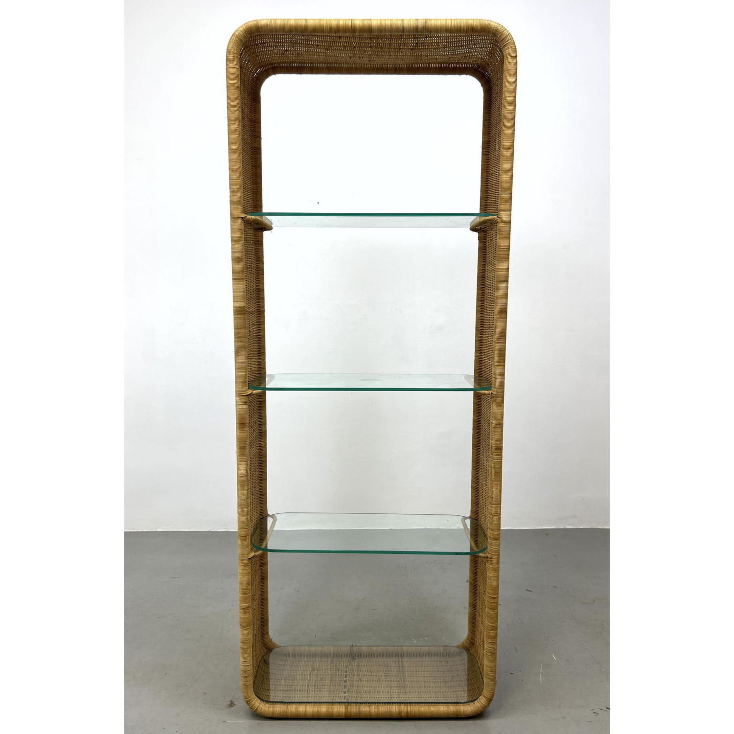 Appraisal: Rattan Wicker Etagere Shelf Display Glass Shelves Dimensions H inches