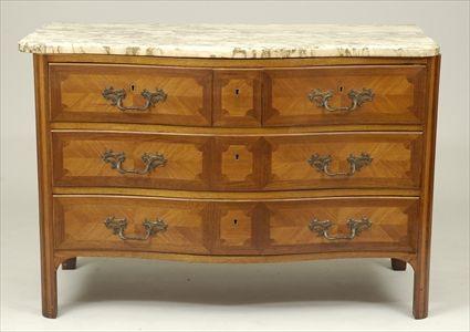 Appraisal: Louis XV-Style Tulipwood Parquetry Serpentine-Front Marble-Top Commode x x in