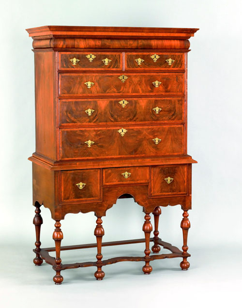 Appraisal: New England William Mary walnut veneer high chest ca the