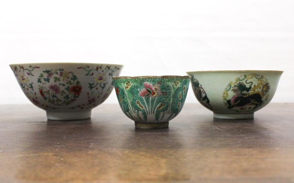 Appraisal: THREE CHINESE PORCELAIN BOWLS each hand painted including Cabbage Leaf