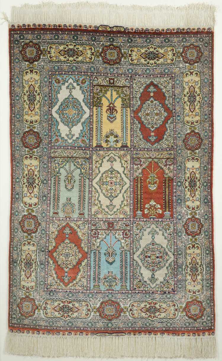 Appraisal: HAND KNOTTED ORIENTAL PRAYER RUG IN WALL CASE repeating prayer