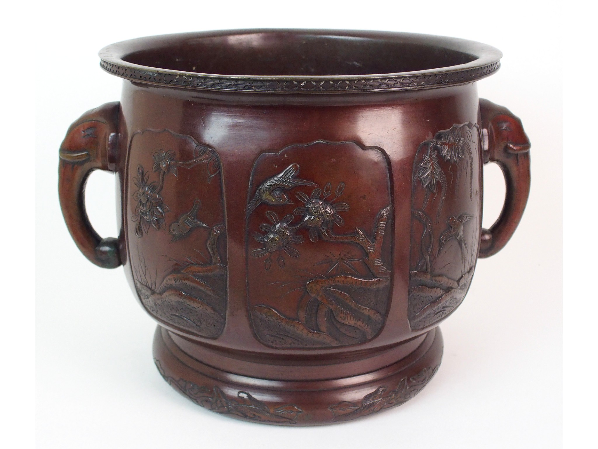 Appraisal: A Japanese bronze jardinierecast with panels of birds and foliage