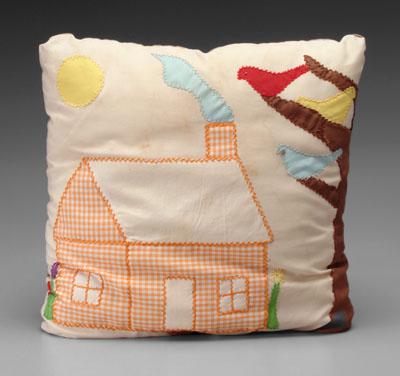 Appraisal: Arie Meaders hand-stitched pillow appliqu and pieced pillow depicting house