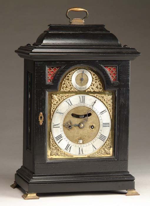 Appraisal: GEORGIAN EBONIZED BRACKET CLOCK Clock having a brass two-train fuzee