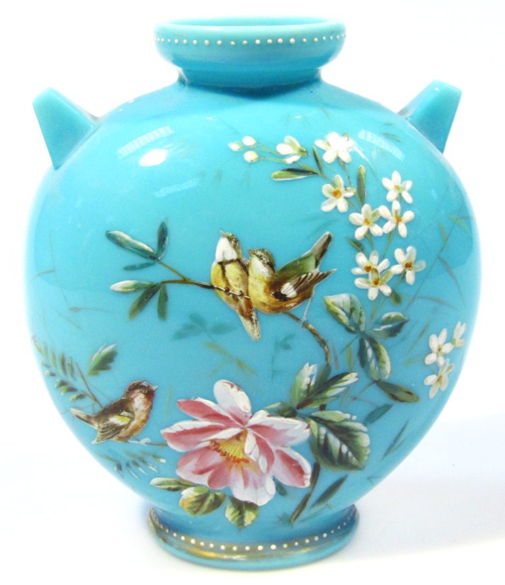 Appraisal: A thC turquoise glass vase the circular body hand painted