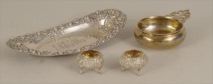 Appraisal: American Silver-Gilt Porringer Repouss Shallow Tray and Two Pairs of