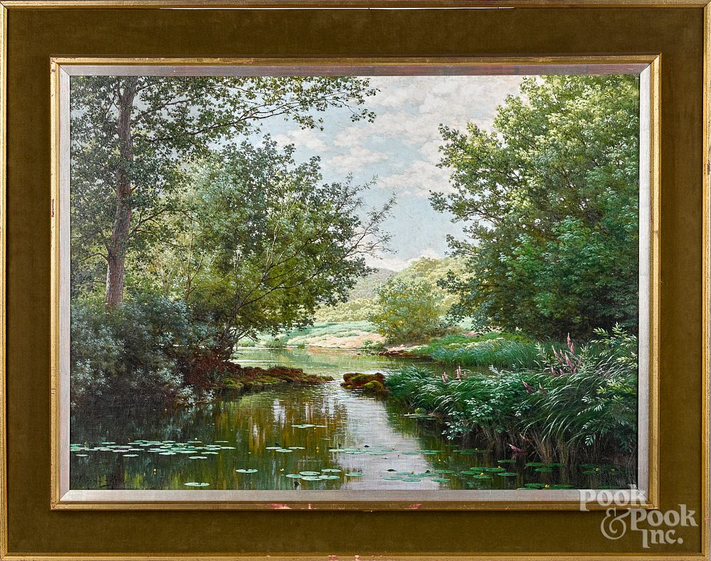 Appraisal: Rene His oil on canvas river landscape Rene His French