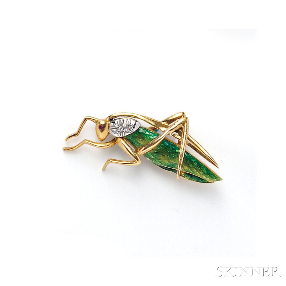 Appraisal: kt Gold Enamel and Diamond Cricket Brooch Tiffany Co Italy