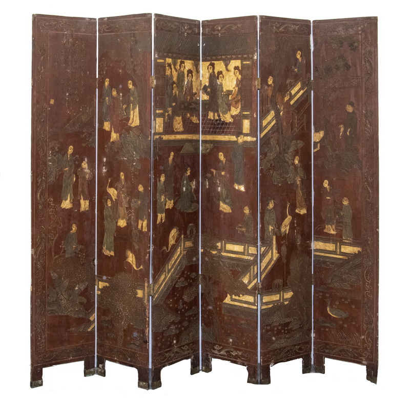 Appraisal: CHINESE SIX-PANEL COROMANDEL RED FOLDING SCREEN Oxblood Field Screen with