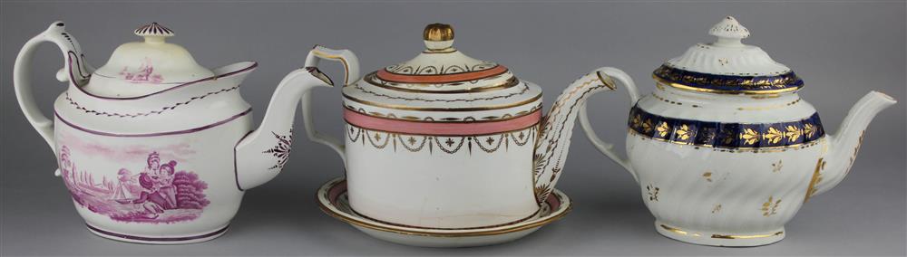 Appraisal: THREE ENGLISH PORCELAIN TEAPOTS AND COVERS AND A STAND early