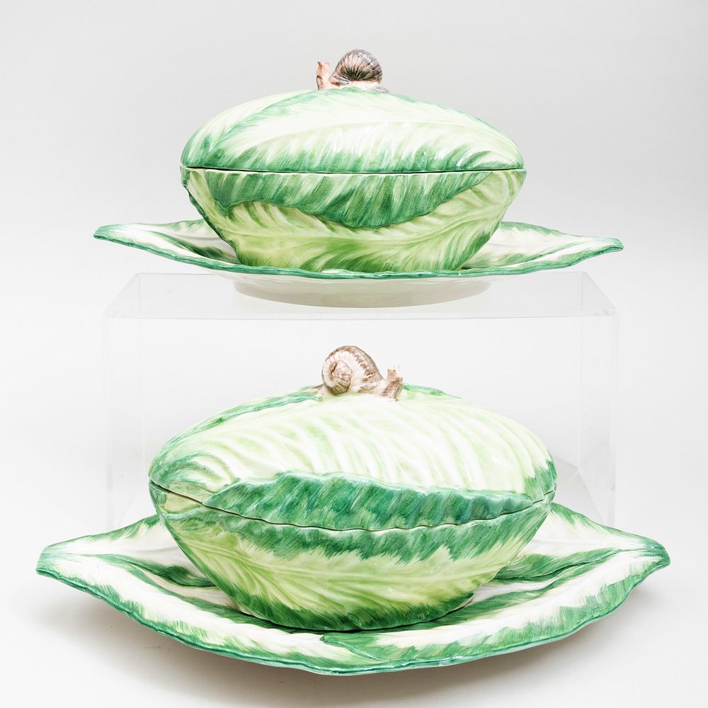 Appraisal: Pair of Mottahedeh Cabbage Form Tureens Covers and Underplates Painted