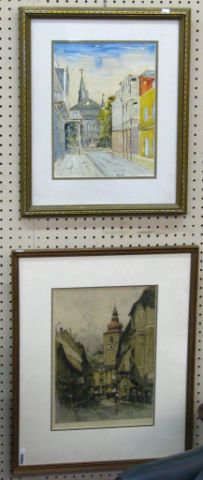 Appraisal: Two Framed Architectural Village Scenes one signed French engraving dated